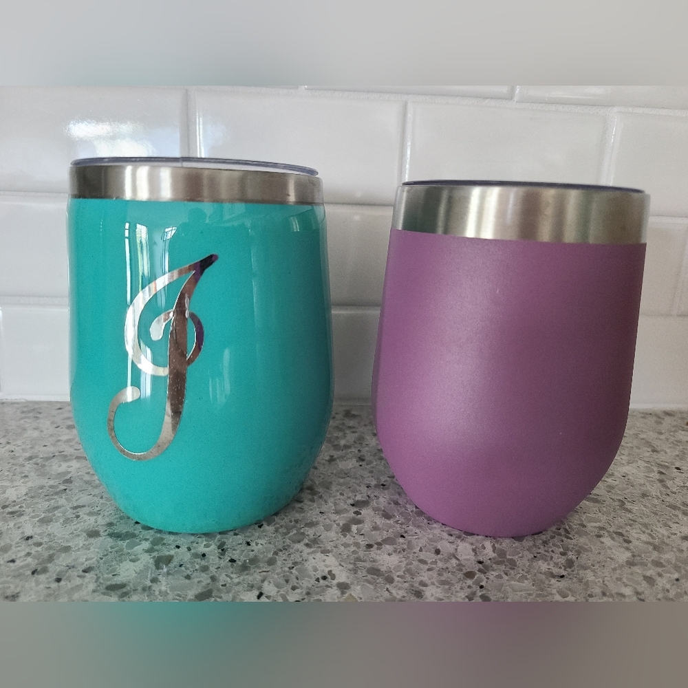 2 Tumblers - turquoise initial J & purple Zak
